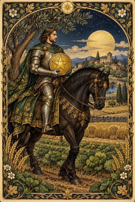 Knight of Pentacles – Kỵ Sĩ Tiền: kỵ sĩ áo choàng xanh ngồi trên ngựa đen, giữ đồng tiền vàng trước ruộng và mặt trời thấp.