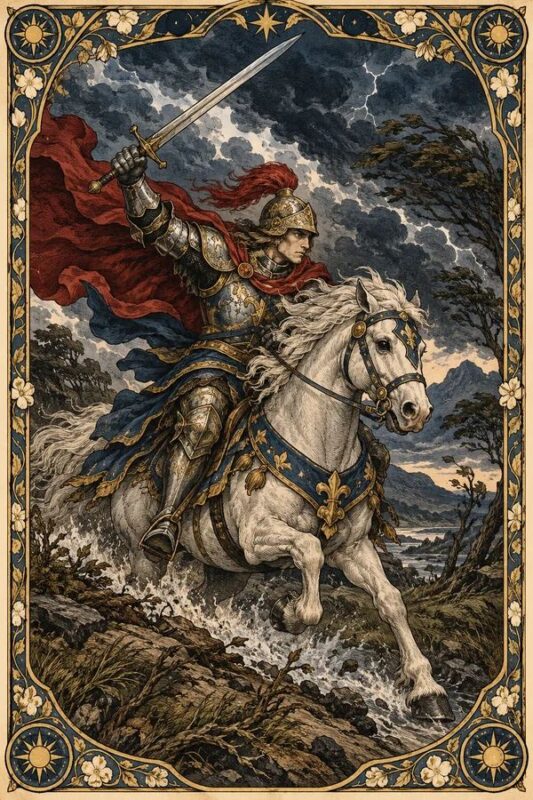 Knight of Swords – Kỵ Sĩ Kiếm: kỵ sĩ áo choàng đỏ giơ kiếm, cưỡi ngựa trắng lao qua nền đất đá dưới trời mây tối.