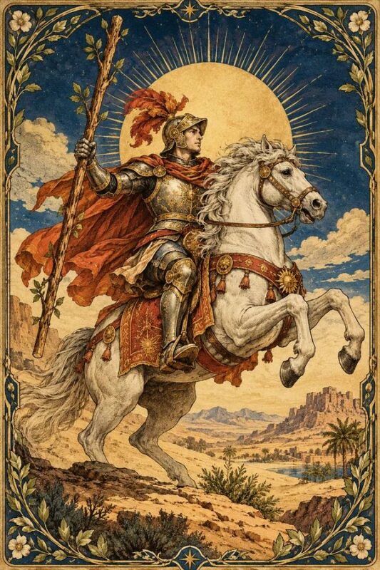 Knight of Wands (Kỵ Sĩ Gậy): kỵ sĩ áo choàng đỏ giơ gậy trên ngựa trắng đang chồm lên giữa phong cảnh rộng.