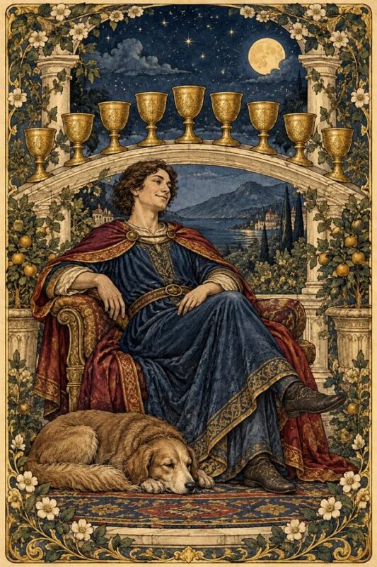 Nine of Cups (Chín Cốc): nhân vật áo xanh ngồi thư thái với các cốc vàng phía sau trong khu vườn dưới trăng.