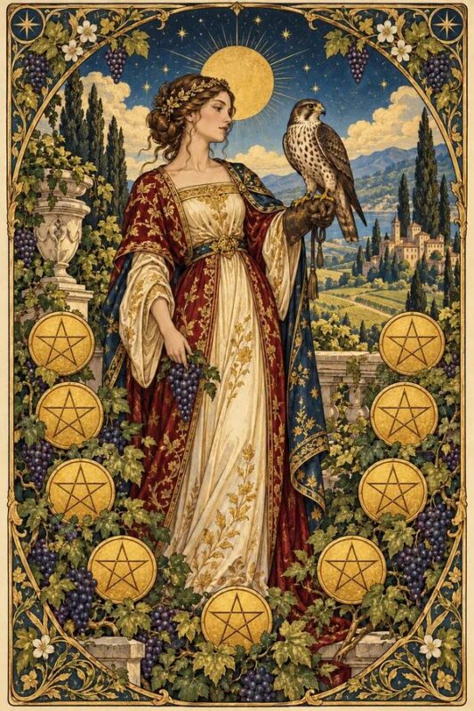 Nine of Pentacles – Chín Tiền: người phụ nữ váy họa tiết đứng giữa cây và đồng tiền vàng, chim săn đậu trên tay.