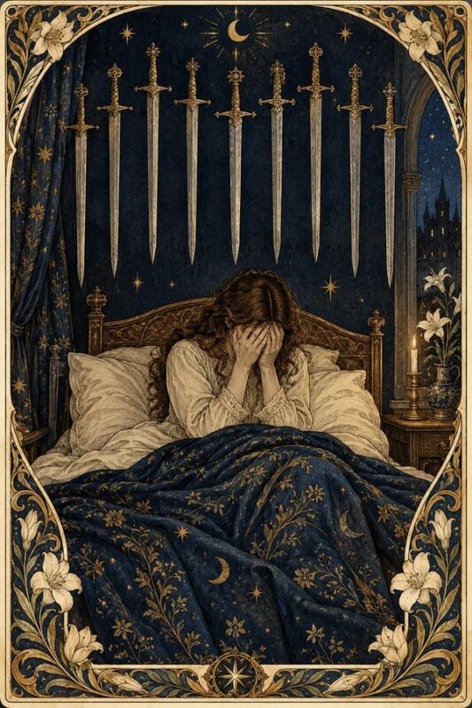 Nine of Swords – Chín Kiếm: người tóc dài ngồi ôm mặt trên giường phủ chăn xanh, các thanh kiếm treo phía sau.