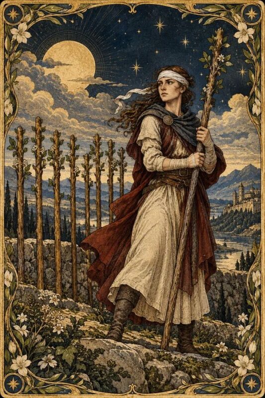 Nine of Wands (Chín Gậy): người quấn vải trên đầu cầm gậy, đứng cạnh hàng gậy trong khung cảnh đêm.