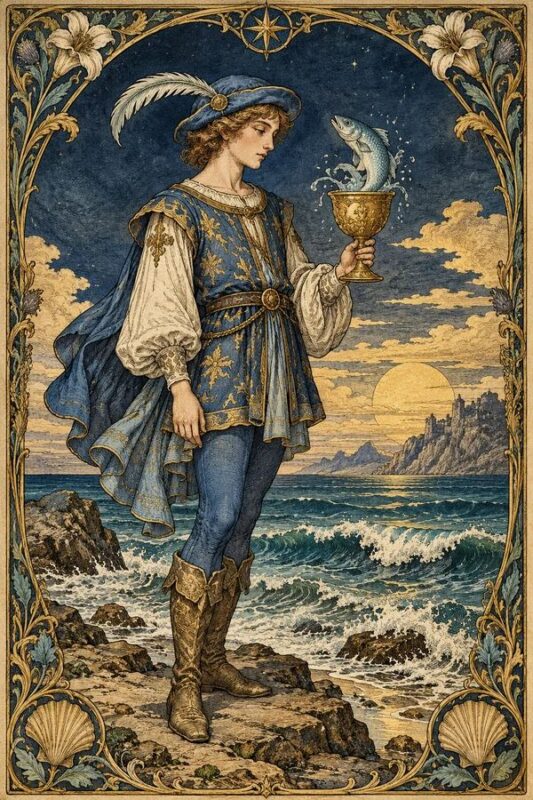 Page of Cups (Tiểu Đồng Cốc): người trẻ mặc áo xanh, đội mũ lông, cầm cốc có cá nhô lên bên bờ biển và vỏ sò.