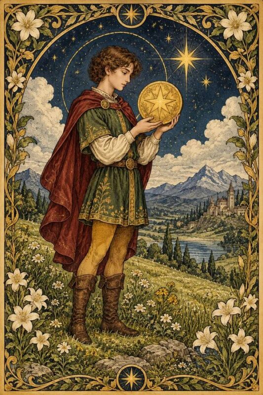 Page of Pentacles – Tiểu Đồng Tiền: chàng trai áo xanh và áo choàng đỏ nâng đồng tiền vàng, đứng giữa đồng cỏ với núi xa.