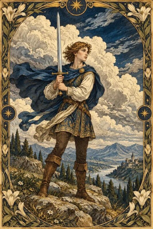 Page of Swords – Tiểu Đồng Kiếm: chàng trai giữ kiếm dựng cao, áo choàng xanh bay trong gió trên nền đá giữa đồi núi.