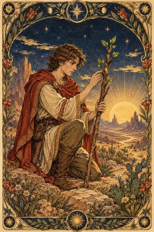 Page of Wands (Tiểu Đồng Gậy): nhân vật trẻ quan sát cây gậy cao có chồi lá trong phong cảnh màu vàng.