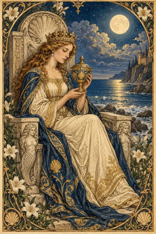 Queen of Cups (Hoàng Hậu Cốc): người phụ nữ đội vương miện, áo xanh vàng, ngồi bên nước và cầm cốc có nắp cầu kỳ.