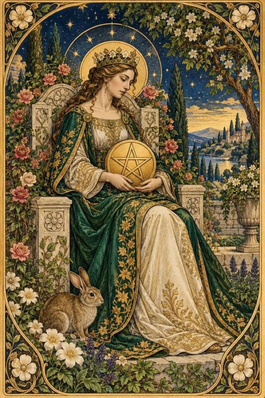 Queen of Pentacles – Hoàng Hậu Tiền: nữ hoàng ngồi giữa cây hoa với đồng tiền trên lòng, con thỏ ở gần chân và cảnh nhà cửa phía xa.