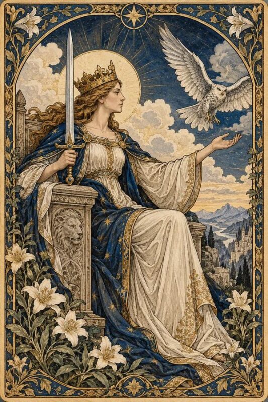 Queen of Swords – Hoàng Hậu Kiếm: nữ hoàng giữ kiếm dựng bên ngai, tay còn lại đưa về phía chim trắng đang bay.