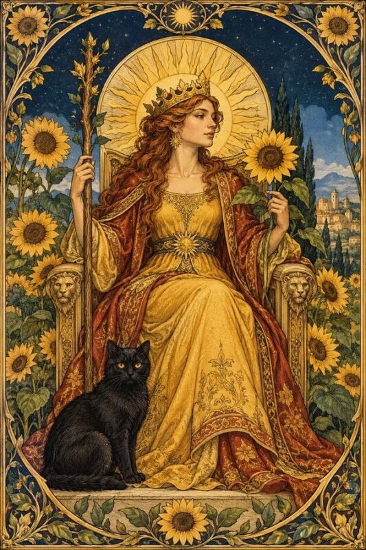 Queen of Wands (Hoàng Hậu Gậy): người phụ nữ váy vàng ngồi trên ngai, cầm hoa hướng dương và gậy, mèo đen ở chân.