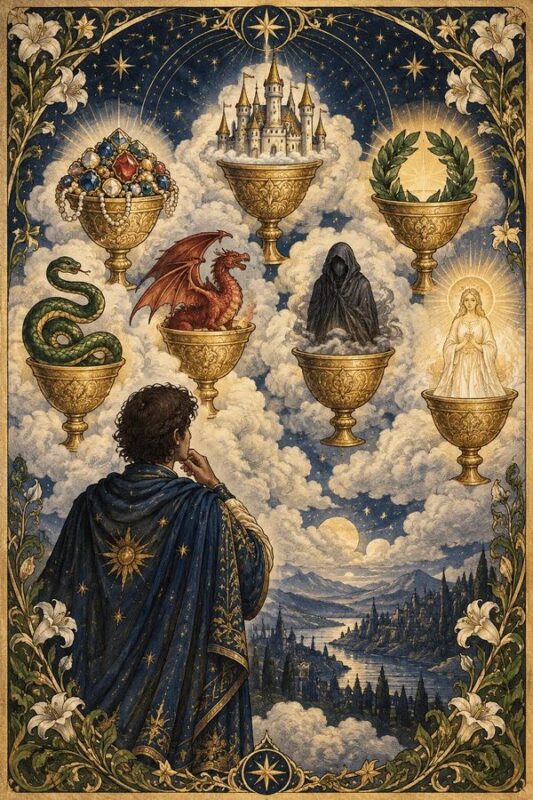 Seven of Cups (Bảy Cốc): người choàng áo nhìn lên các cốc trong mây chứa công trình, rắn và những hình ảnh kỳ ảo.