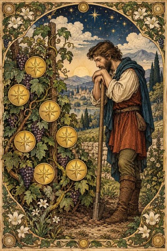 Seven of Pentacles – Bảy Tiền: người đàn ông tựa cán công cụ nhìn các đồng tiền vàng trên bụi cây trong ruộng vườn.