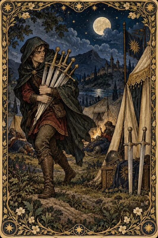 Seven of Swords – Bảy Kiếm: người áo choàng ôm nhiều thanh kiếm bước cạnh lều trại dưới ánh trăng.