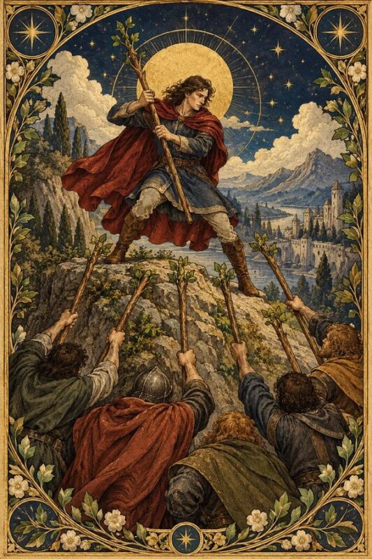 Seven of Wands – Bảy Gậy: chàng trai áo choàng đỏ giữ gậy trên mỏm đá, đối diện những cây gậy đưa lên từ phía dưới.