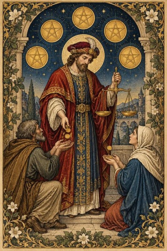 Six of Pentacles – Sáu Tiền: người áo đỏ cầm cân và trao đồng tiền cho những người ở vị trí thấp hơn trong khung kiến trúc.