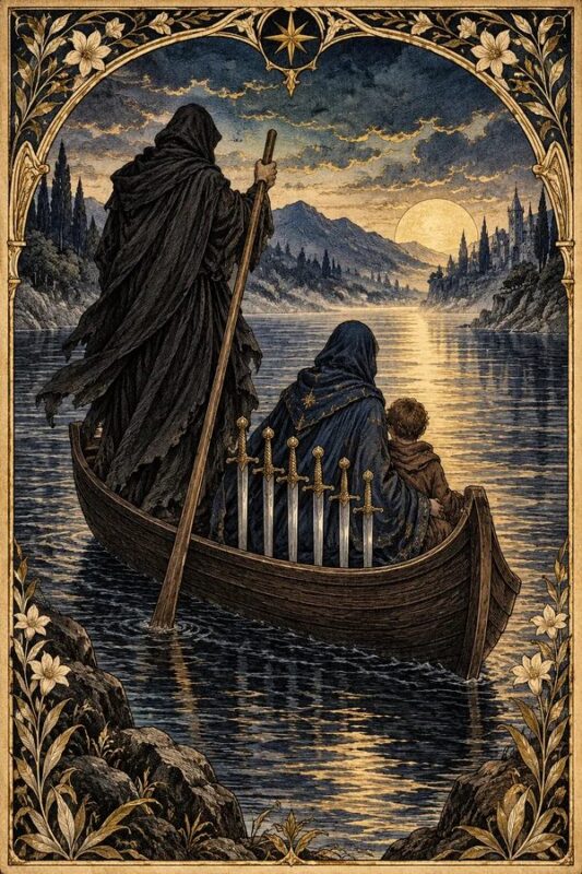 Six of Swords – Sáu Kiếm: người áo choàng chèo thuyền chở hành khách trên mặt hồ, các thanh kiếm dựng trong thuyền.