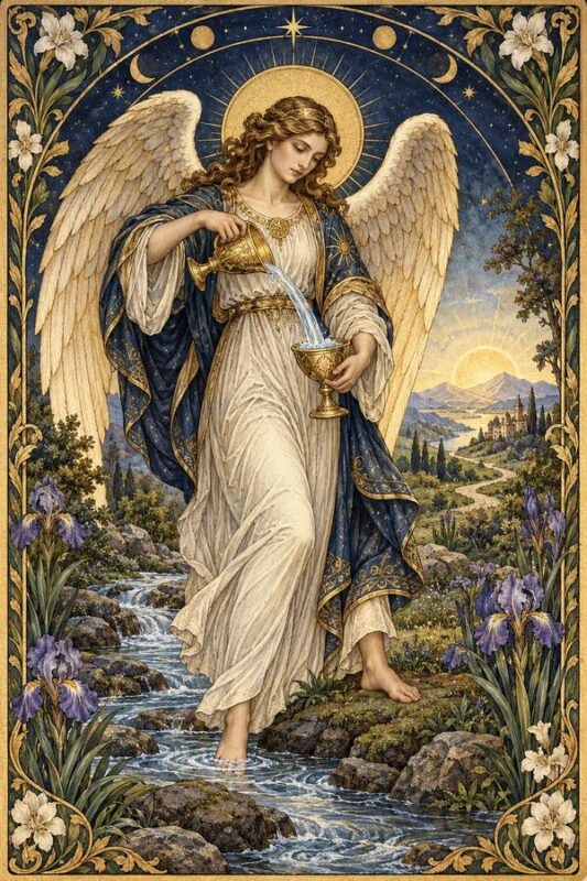 Temperance (Tiết Độ): thiên thần áo sáng có cánh rót nước giữa hai bình bên bờ nước, xung quanh là cây và hoa.