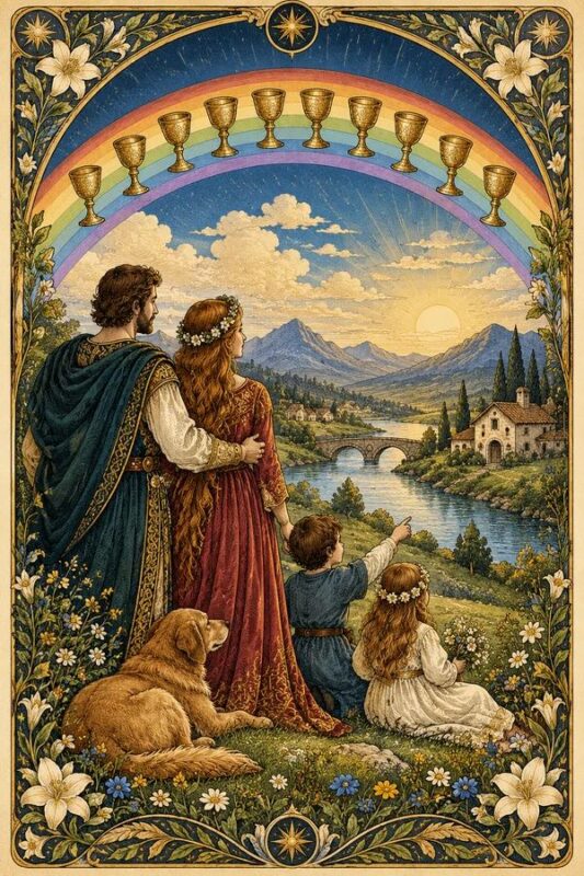 Ten of Cups (Mười Cốc): đôi người ngồi gần nhau nhìn ra thung lũng, chó bên cạnh và cầu vồng mang các cốc phía trên.