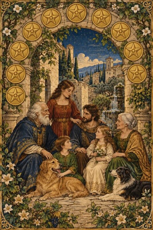 Ten of Pentacles – Mười Tiền: gia đình nhiều thế hệ quây quần trong sân, trẻ nhỏ và chó bên dưới cổng có các đồng tiền vàng.