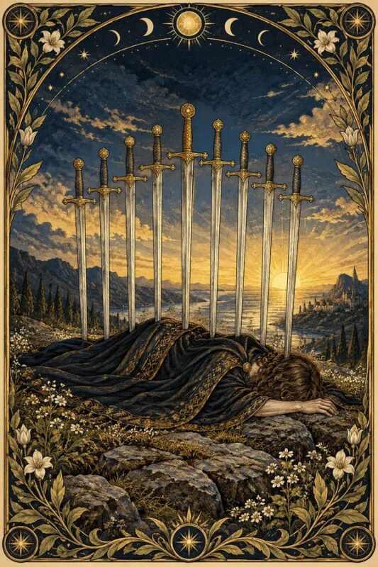 Ten of Swords – Mười Kiếm: người nằm trên nền đá dưới các thanh kiếm dựng, ánh bình minh trải dài ở chân trời.