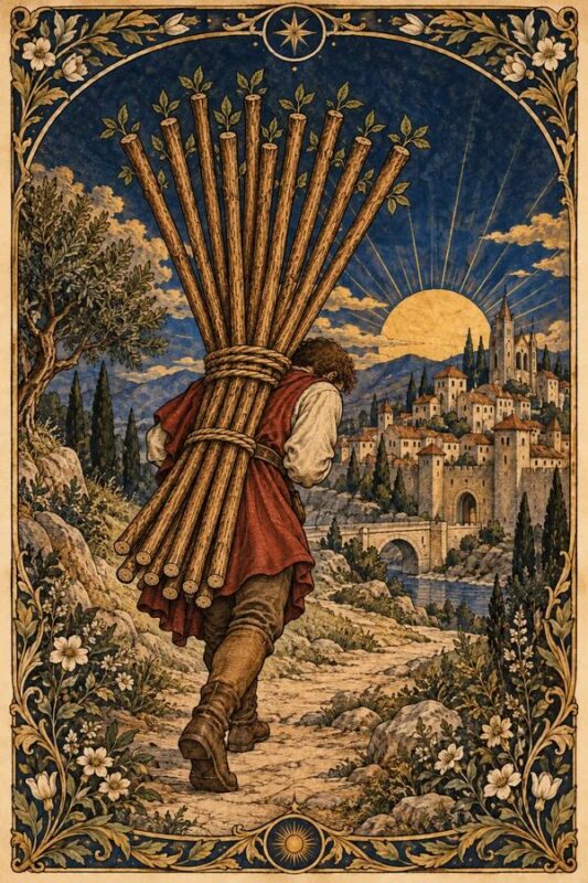 Ten of Wands (Mười Gậy): người cúi về trước dưới bó gậy buộc lớn, bước trên đường về phía khu nhà.