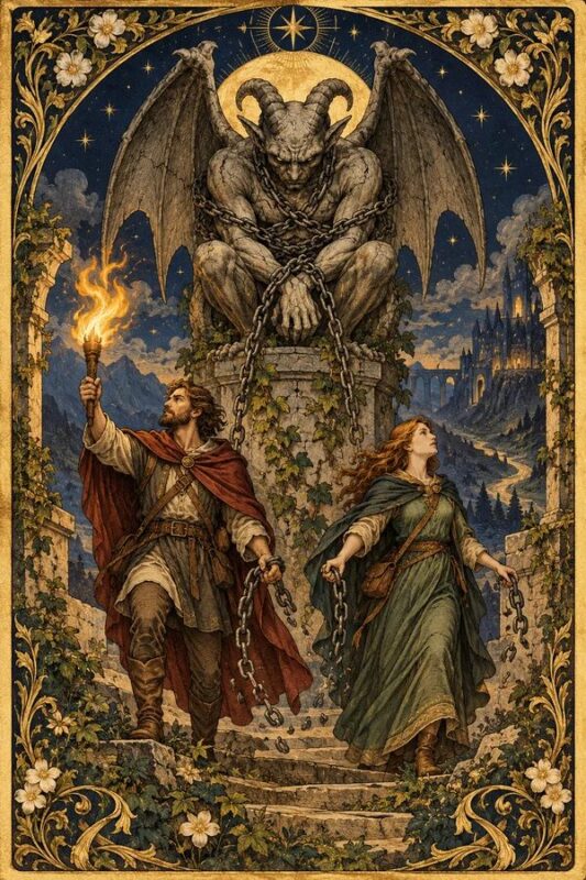 The Devil (Ác Quỷ): nhân vật có sừng và cánh đứng trên bệ đá, hai người mặc trang phục cổ điển ở phía trước cạnh ngọn đuốc.