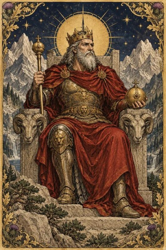 The Emperor (Hoàng Đế): vị vua râu bạc mặc áo đỏ, cầm trượng và quả cầu trên ngai đá giữa núi cao.