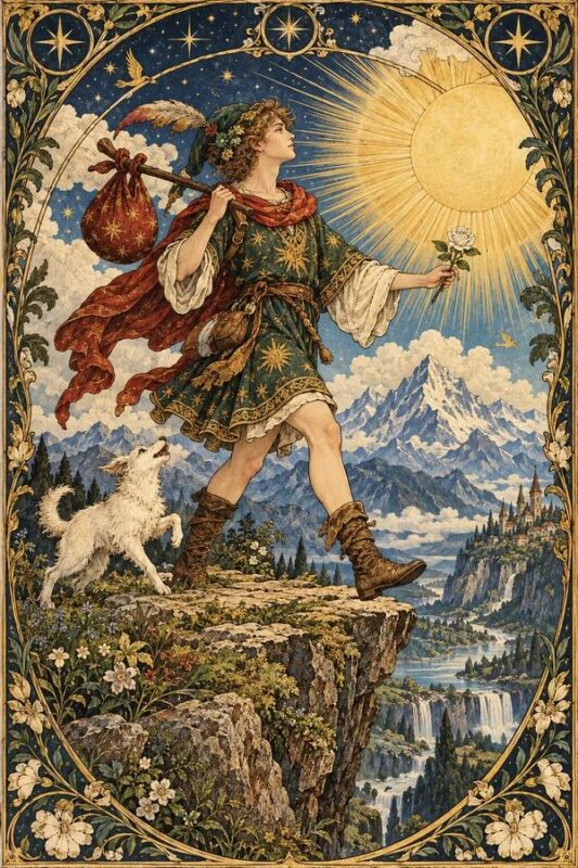 The Fool (Kẻ Khờ): người lữ hành cầm hoa hồng, mang túi trên vai và đứng cạnh chú chó ở mép vách đá.