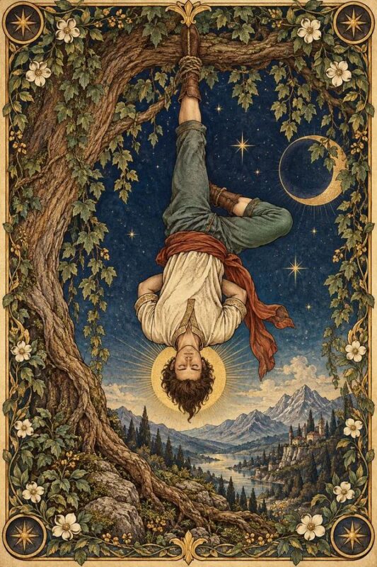 The Hanged Man (Người Treo Ngược): người treo một chân trên cành cây, chân kia gập, đầu có vầng sáng giữa cảnh núi và trời đêm.