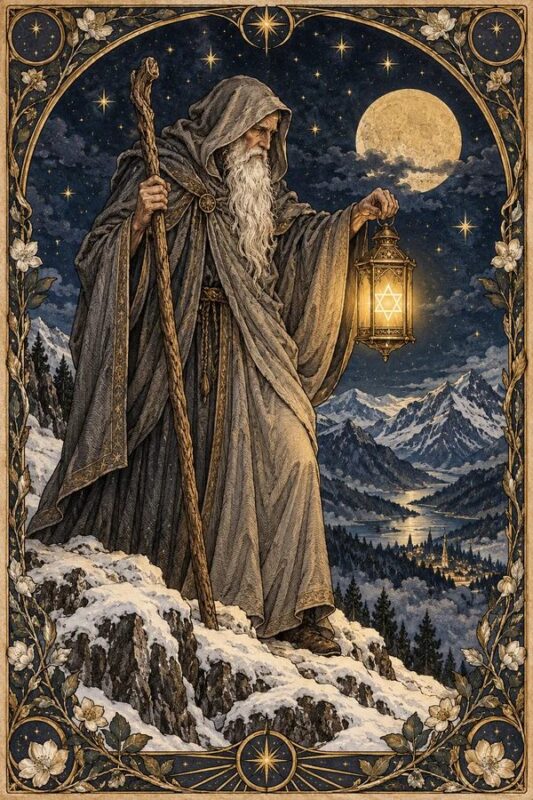 The Hermit (Ẩn Sĩ): ông lão áo choàng cầm gậy và đèn lồng trên núi tuyết, phía sau là trăng cùng núi xa.