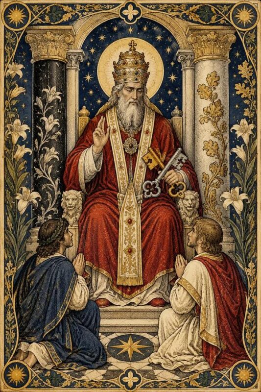 The Hierophant (Giáo Hoàng): vị chức sắc áo đỏ cầm quyền trượng giữa hai cột đá, phía trước có hai người quỳ.