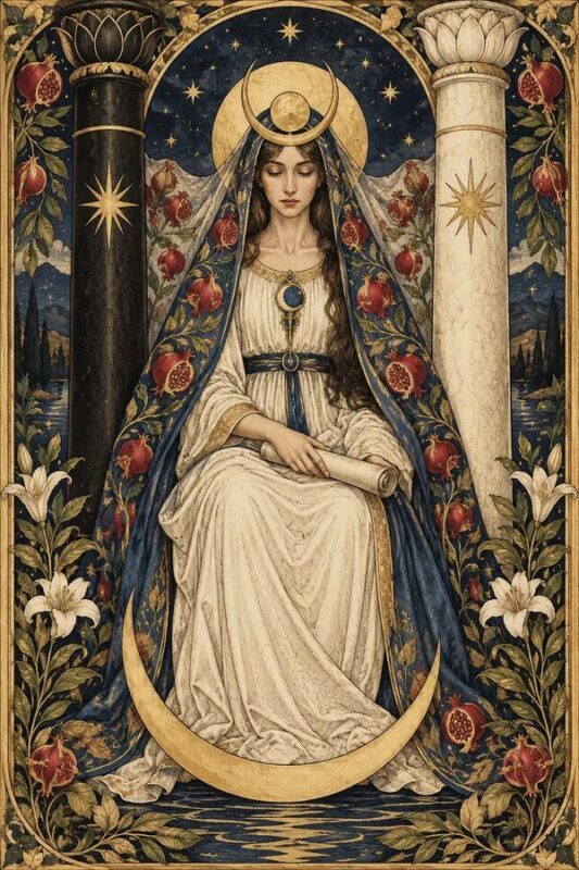 The High Priestess (Nữ Tư Tế): người phụ nữ ngồi giữa hai cột, cầm sách, với biểu tượng trăng và bức màn phía sau.