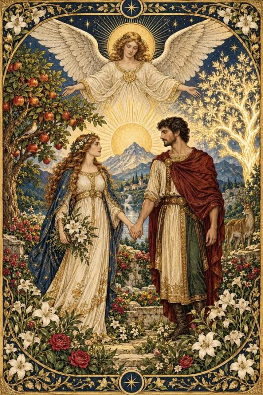 The Lovers (Đôi Tình Nhân): đôi nam nữ nắm tay giữa hoa lá, phía trên là thiên thần áo trắng dang cánh.