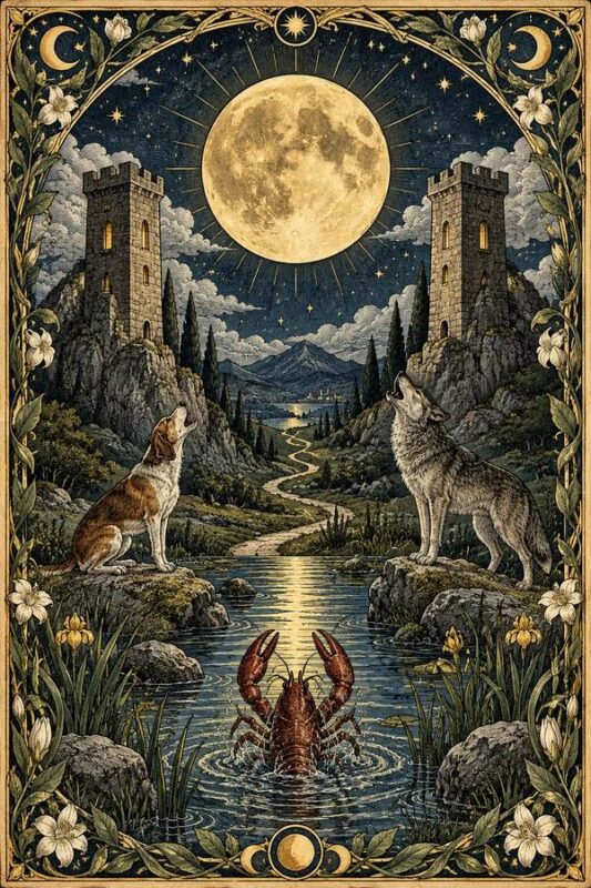 The Moon (Mặt Trăng): trăng tròn lớn giữa hai tháp đá, hai con vật hai bên dòng nước và sinh vật có càng ở phía trước.
