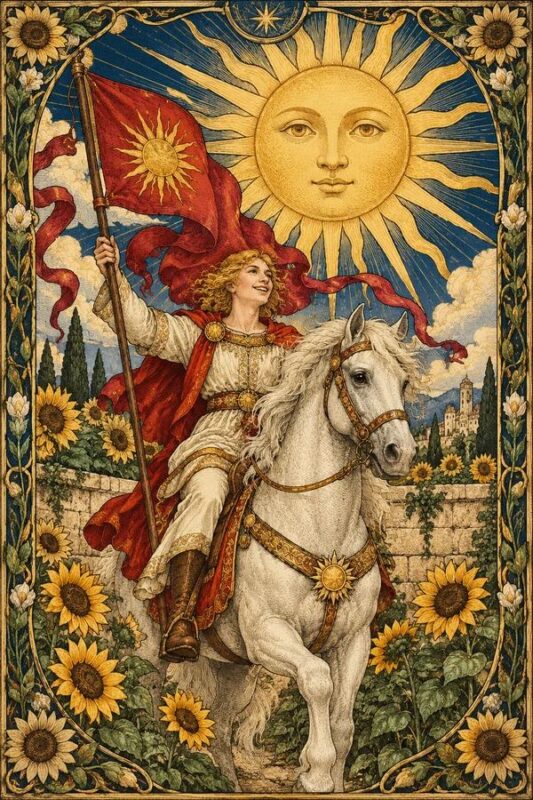 The Sun (Mặt Trời): đứa trẻ trên ngựa trắng cầm cờ đỏ giữa hoa hướng dương, mặt trời lớn có gương mặt ở phía trên.