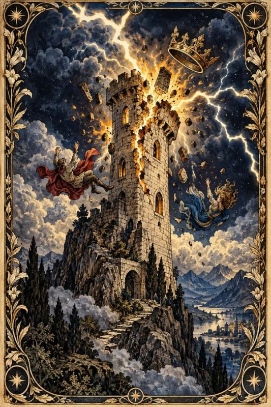 The Tower (Tòa Tháp): tòa tháp đá bốc cháy trên vách núi, sét sáng giữa trời giông, mảnh vỡ tung quanh công trình.