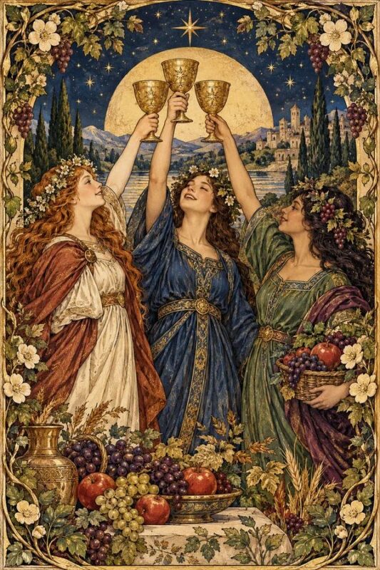 Three of Cups (Ba Cốc): ba người phụ nữ cùng nâng những chiếc cốc giữa khu vườn nhiều hoa và trái.