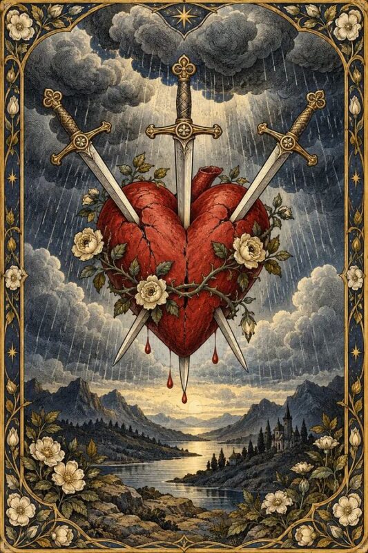 Three of Swords (Ba Kiếm): trái tim đỏ bị ba thanh kiếm xuyên qua giữa mây tối, mưa và chớp trên thung lũng.