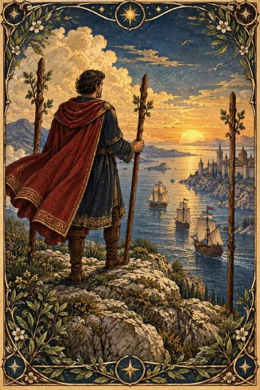 Three of Wands (Ba Gậy): người khoác áo đỏ đứng trên bờ cao cùng ba cây gậy, nhìn những con thuyền trên mặt nước dưới ánh trời thấp.