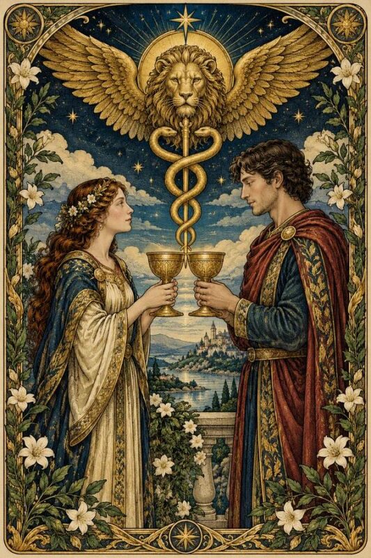 Two of Cups (Hai Cốc): hai người đối diện cầm cốc, phía trên là đầu sư tử có cánh và biểu tượng hai rắn quấn.