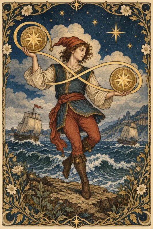 Two of Pentacles – Hai Tiền: chàng trai giữ hai đồng tiền nối bằng dải vô cực, phía sau là biển sóng và thuyền.