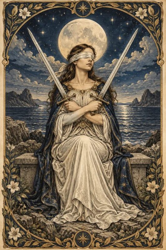 Two of Swords (Hai Kiếm): người phụ nữ bịt mắt ngồi trước biển, giữ hai thanh kiếm bắt chéo với trăng lớn phía sau.