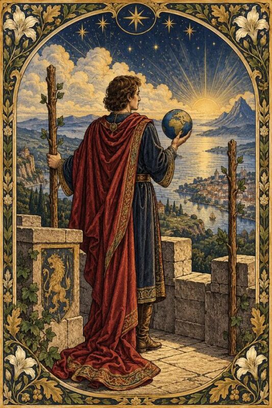 Two of Wands (Hai Gậy): người áo choàng đỏ cầm quả cầu xanh trên thành đá, hai cây gậy bên cạnh và núi nước phía xa.