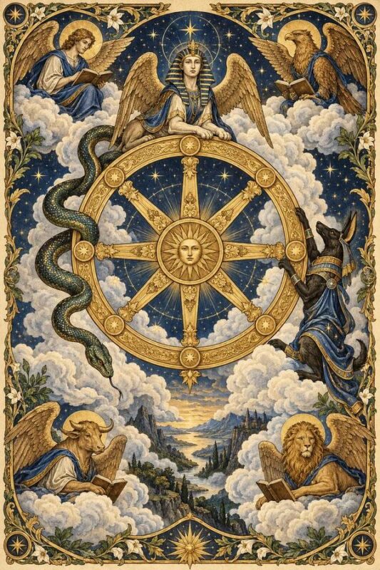 Wheel of Fortune (Bánh Xe Số Phận): bánh xe vàng giữa mây, bao quanh bởi những sinh vật có cánh và một nhân vật phía trên.
